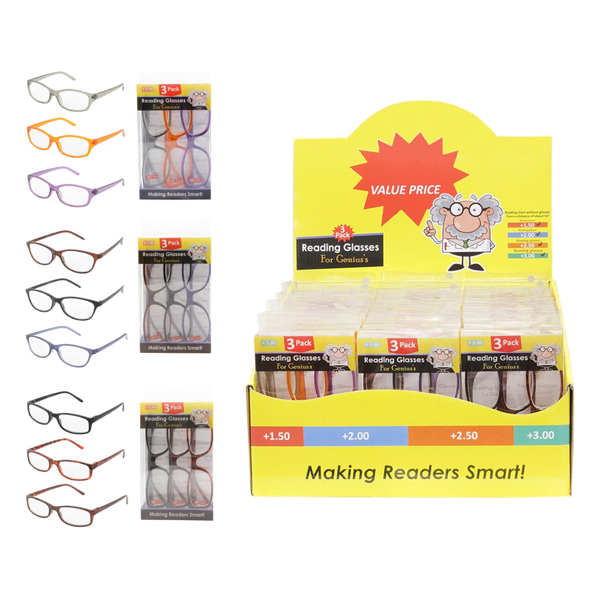 3pc Reading Glasses for Genius's (24 pc DISPLAY)