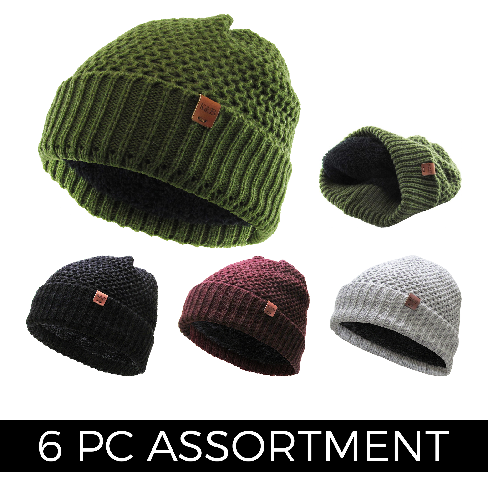 Sherpa Lined - Premium Knit Winter Cap (6 pc Clip Strip)
